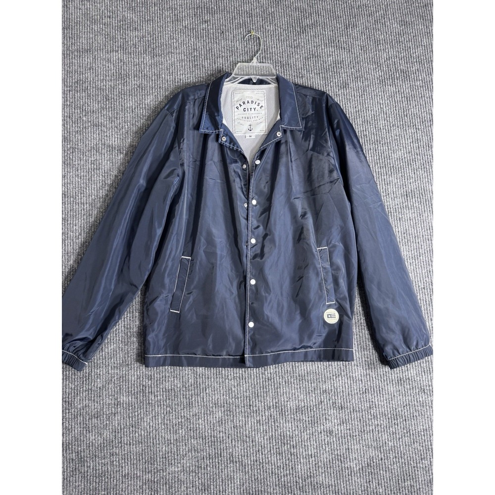 Paradise City‎ Men's Navy Blue Windbreaker Jacket Snap Front Collared Size M